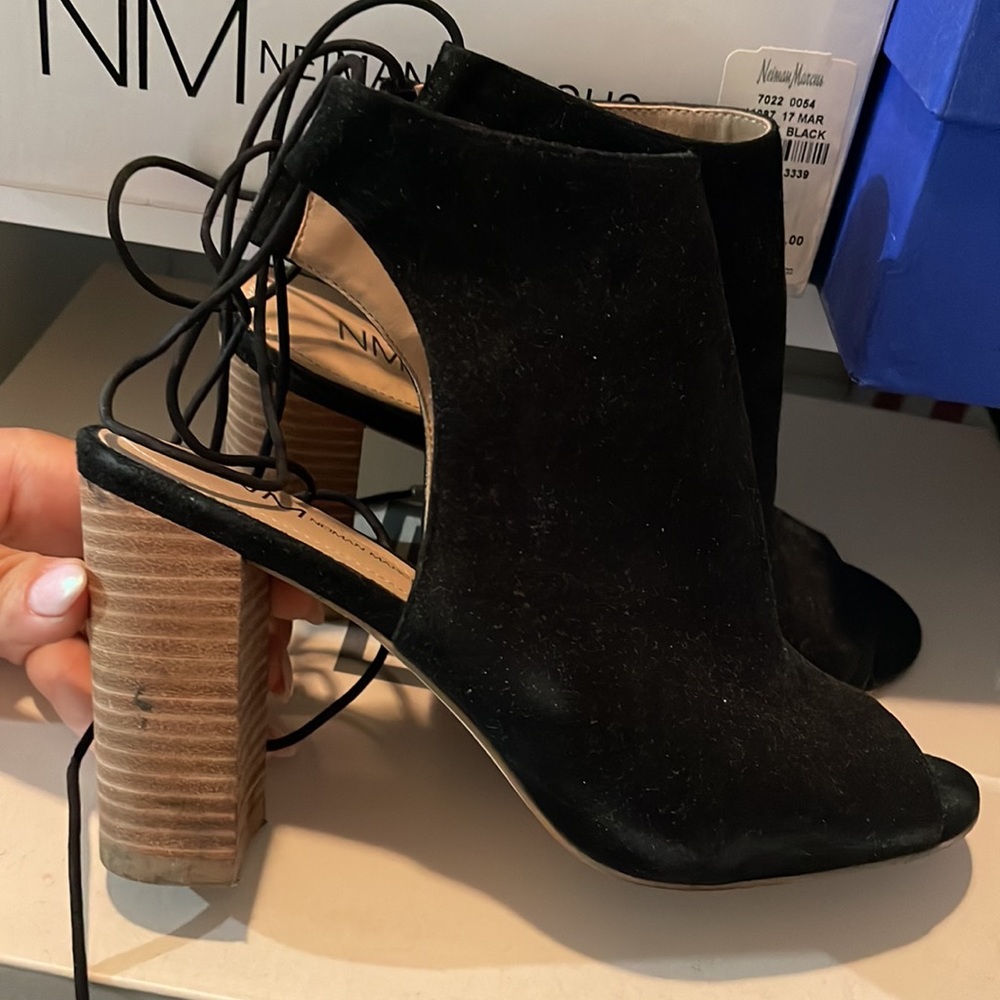Neiman Marcus Ellen Black Suede Open-toe Booties - Picture 3 of 4